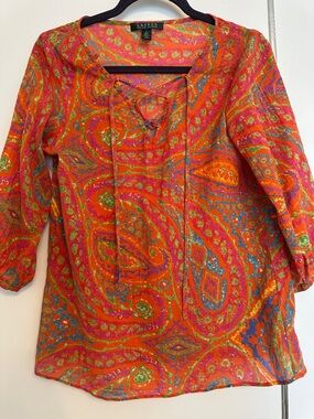 Lauren Ralph Lauren Orange Multicolor Paisley Tie-Neck Blouse, Size S